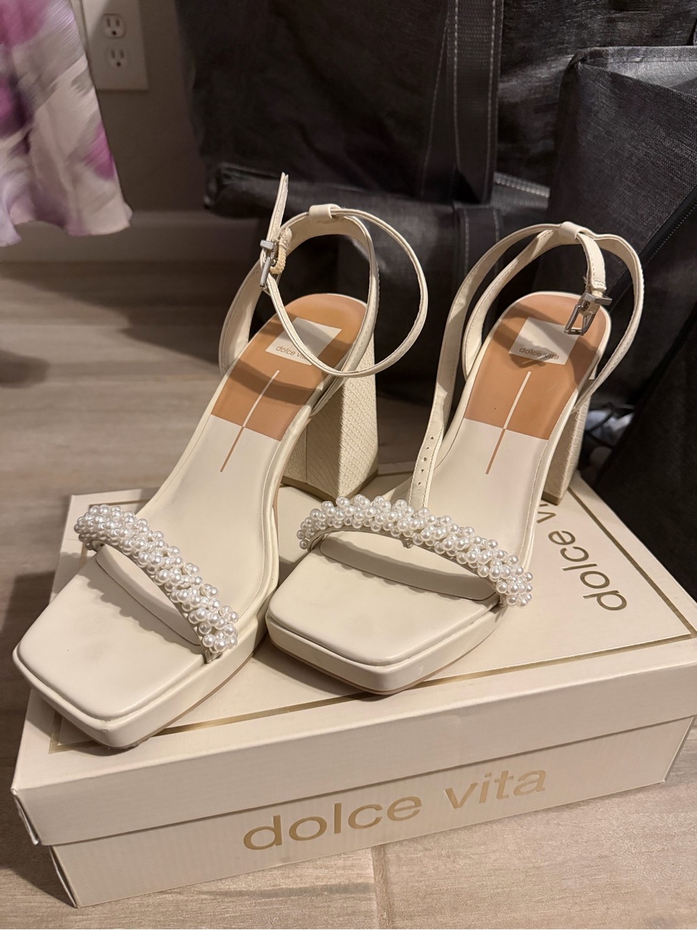 Dolce Vita Cream Pearl Strap Block Heel Sandals